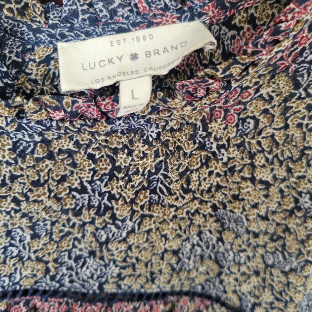 Lucky Brand Boho Sheer Floral Blouse Ruffle Prairie Back Button Romantic Sz L - Picture 2 of 10